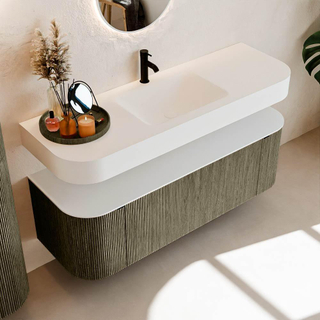 MONDIAZ THOR 140cm meuble de salle de bains arrondi gauche + droite couleur Shadow avec 1 tiroir et 2 portes. Vasque suspendue CLOUD Milieu 1 trou de robinet couleur Talc.