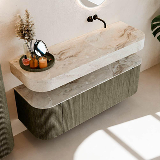 MONDIAZ THOR-DLUX 140cm meuble de salle de bains arrondi gauche + droite couleur Shadow avec 1 tiroir et 2 portes. Vasque suspendue CLOUD Droite sans trou de robinet couleur Frappe.