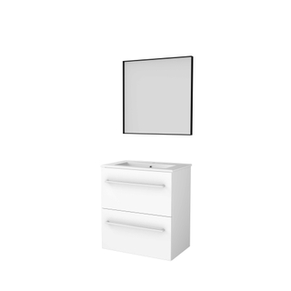 Basic-Line Framed 39 badkamermeubelset - 60x39cm - met grepen - 2 lades - porseleinen wastafel - 1 kraangat - Spiegel - mat zwart aluminium frame - rondom - MDF lak Ice White