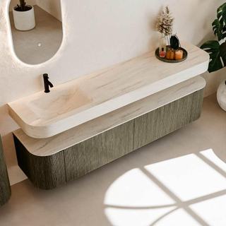 MONDIAZ THOR-DLUX 200cm meuble de salle de bains arrondi gauche + droite couleur Shadow avec 2 tiroirs et 2 portes. Vasque suspendue CLOUD Gauche 1 trou de robinet couleur Meli.