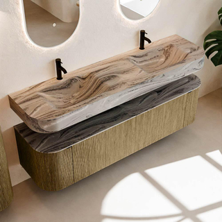 MONDIAZ THOR-DLUX 170cm meuble de salle de bains arrondi gauche + droite couleur Dusk avec 1 tiroir et 2 portes. Vasque suspendue CLOUD Double 2 trous de robinet couleur Sombra.