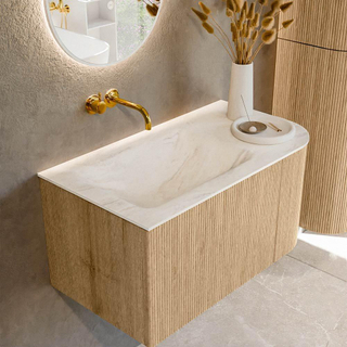 MONDIAZ KURVE-DLUX 85cm Meuble salle de bain avec module 25 D - couleur Oak - 1 tiroir - 1 porte - vasque CLOUD gauche - sans trou de robinet - couleur Ostra