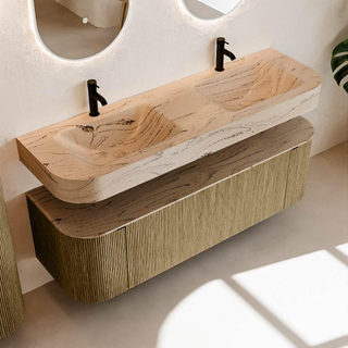 MONDIAZ THOR-DLUX 150cm meuble de salle de bains arrondi gauche + droite couleur Dusk avec 1 tiroir et 2 portes. Vasque suspendue CLOUD Double 2 trous de robinet couleur Arena.