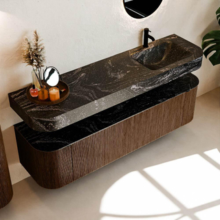 MONDIAZ THOR-DLUX Meuble de salle de bains 170cm arrondi gauche + droite couleur Walnut avec 1 tiroir et 2 portes. Vasque suspendue CLOUD droite 1 trou de robinet couleur Lava.