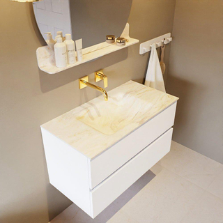 Mondiaz VICA-DLUX Ensemble de meuble de salle de bain - 90cm - meuble sous-vasque talc - 2 tiroirs - lavabo encastrée cloud milieu - sans trous de robinet - version haute de 60cm - ostra