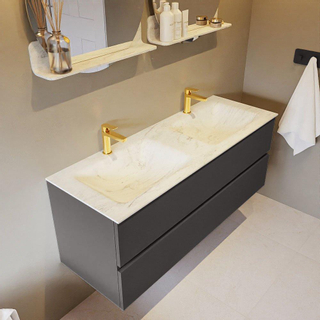 Mondiaz VICA-DLUX ensemble de meuble de salle de bain - 130cm - meuble sous-vasque gris foncé - 2 tiroirs - lavabo encastré cloud double - 2 trous de robinet - version haute de 60cm - opalo