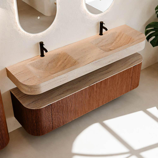 MONDIAZ THOR-DLUX Meuble de salle de bains 170cm arrondi gauche + droite couleur Ruby avec 1 tiroir et 2 portes. Vasque suspendue CLOUD Double 2 trous de robinet couleur Saba.