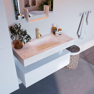 Mondiaz ALAN-DLUX Ensemble de meuble - 100cm - meuble Talc mat - 1 tiroir - Lavabo Cloud Ostra suspendu - vasque Centre - 1 trou de robinet