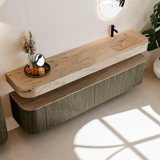 MONDIAZ THOR-DLUX 200cm meuble de salle de bains arrondi gauche + droite couleur Shadow avec 2 tiroirs et 2 portes. Vasque suspendue CLOUD Droite 1 trou de robinet couleur Arena.