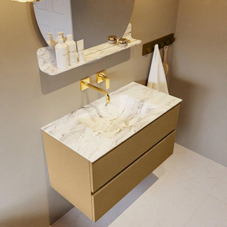 Mondiaz VICA-DLUX Ensemble de meuble de salle de bain - 90cm - meuble sous-vasque oro - 2 tiroirs - lavabo encastrée cloud milieu - sans trous de robinet - version haute de 60cm - glace