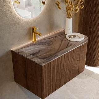 MONDIAZ KURVE-DLUX 85cm badmeubel ronding Rechts kleur Walnut met 1 lade en 1 deur. Wastafel CLOUD Links 1 kraangat Sombra.