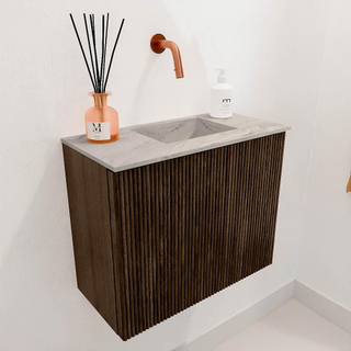 Mondiaz JOYA-DLUX 50cm meuble de toilette - couleur Walnut - Vasque FAYE position Droite Sans trou de robinet couleur Glace.
