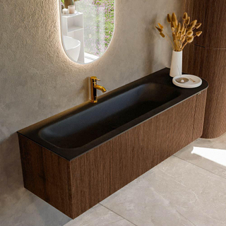 MONDIAZ KURVE 145cm Meuble salle de bain avec module 25 D - couleur Walnut - 1 tiroir - 1 porte - vasque BIG LARGE gauche - 1 trou de robinet - Urban