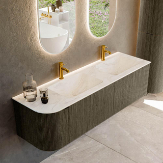 Mondiaz KURVE-DLUX Badkamermeubelset - 155x46x40cm - 2 lade - 1 deur - wastafel solid surface - dubbel / rechts - 2 kraangaten - Shadow