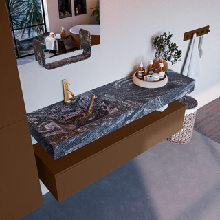 Mondiaz ALAN-DLUX Ensemble de meuble - 150cm - meuble Rust mat - 1 tiroir - Lavabo Cloud Lava suspendu - vasque Gauche - 1 trou de robinet