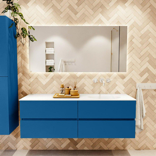 Mondiaz VICA ensemble de meuble de salle de bain - 150cm - meuble sous-vasque jeans - 4 tiroirs - lavabo moon droite - sans trous de robinet - couleur talc - miroir LED - version XL 60cm de haut