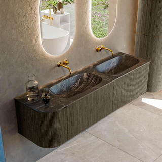 Ensemble de meuble de salle de bain Mondiaz KURVE-DLUX - 165x46x40cm - 2 tiroirs - 1 porte - lavabo en solid surface - double / droite - sans trou de robinet - Shadow