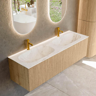 MONDIAZ KURVE-DLUX 150cm Meuble salle de bain - couleur Oak - 2 tiroirs - vasque STOR SMALL double - 2 trous de robinet - couleur Frappe