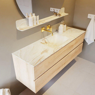 Mondiaz VICA-DLUX ensemble de meuble de salle de bain - 150cm - meuble sous-vasque chêne blanchi - 2 tiroirs - lavabo encastré nuage milieu - sans trous de robinet - version haute 60cm - frape