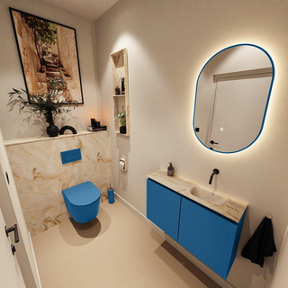 MONDIAZ TURE-DLUX Meuble toilette - 80cm - Jeans - EDEN - vasque Frappe - position droite - sans trou de robinet