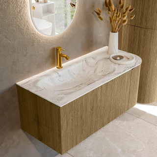 Mondiaz KURVE-DLUX Ensemble de meuble salle de bain - 105x46x40cm - 1 tiroir - 1 porte - lavabo en solid surface - gauche - 1 trou de robinet - Dusk