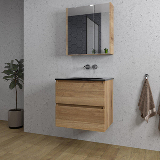 Adema Chaci Ensemble de meuble - 60x46x57cm - 1 vasque en céramique noire - sans trous de robinet - 2 tiroirs - armoire de toilette - cannelle