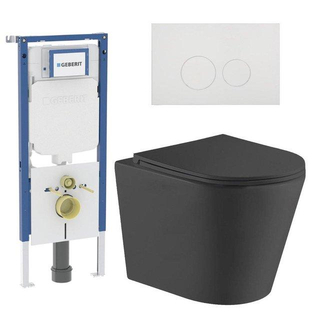 QeramiQ Dely Toiletset - 36.3x51.7cm - diepspoel - rimless - Geberit UP720 inbouwreservoir - softclose toiletzitting - glans witte bedieningsplaat - ronde knoppen - zwart mat