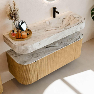 MONDIAZ THOR-DLUX 130cm meuble de salle de bains arrondi gauche + droite couleur Oak avec 1 tiroir et 2 portes. Vasque suspendue CLOUD Droite 1 trou de robinet couleur Glace.