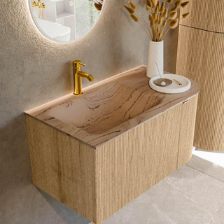 MONDIAZ KURVE-DLUX 85cm badmeubel ronding Rechts kleur Oak met 1 lade en 1 deur. Wastafel CLOUD Links 1 kraangat Arena.