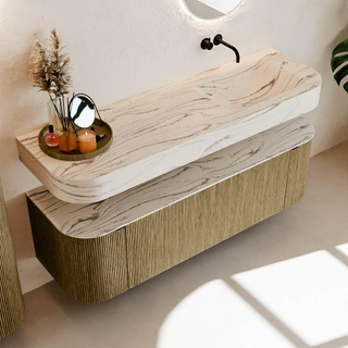 MONDIAZ THOR-DLUX 150cm meuble de salle de bains arrondi gauche + droite couleur Dusk avec 1 tiroir et 2 portes. Vasque suspendue CLOUD Droite sans trou de robinet couleur Nata.