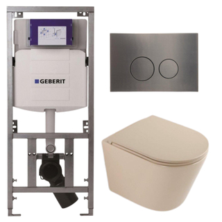 QeramiQ Dely Pack WC - 36,3x51,7cm - à fond creux - sans bride - réservoir encastré Geberit UP320 - abattant WC à fermeture douce - plaque de déclenchement gunmetal - boutons ronds - beige mat