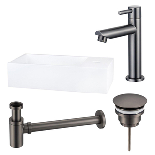 FortiFura Fuente Pack Lave-mains - 36x18.5x9cm - 1 trou de robinet - solid surface - robinet gunmetal - Blanc