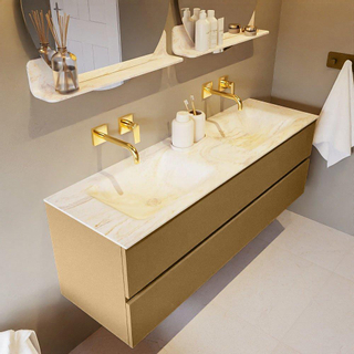 Mondiaz VICA-DLUX ensemble de meuble de salle de bain - 150cm - meuble sous-vasque oro - 2 tiroirs - lavabo encastré cloud double - sans trous de robinet - miroir modèle spot - version XL 60cm de haut - ostra