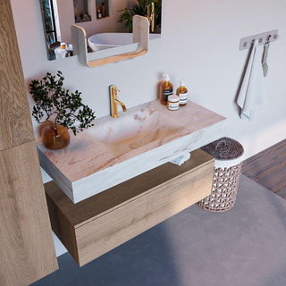 Mondiaz ALAN-DLUX Ensemble de meuble - 100cm - meuble Washed Oak mat - 1 tiroir - Lavabo Cloud Frappe suspendu - vasque Centre - 1 trou de robinet