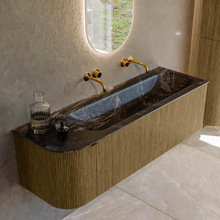 Ensemble de meuble de salle de bain Mondiaz KURVE-DLUX - 145x46x40cm - 1 tiroir - 1 porte - lavabo en solid surface - droite - sans trou de robinet - Dusk
