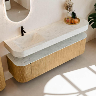 MONDIAZ THOR-DLUX 170cm meuble de salle de bains arrondi gauche + droite couleur Oak avec 1 tiroir et 2 portes. Vasque suspendue CLOUD Gauche 1 trou de robinet couleur Opalo.