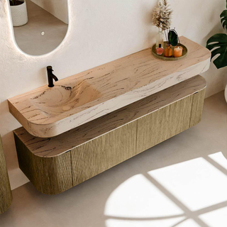 MONDIAZ THOR-DLUX 180cm meuble de salle de bains arrondi gauche + droite couleur Dusk avec 2 tiroirs et 2 portes. Vasque suspendue CLOUD Gauche 1 trou de robinet couleur Arena.