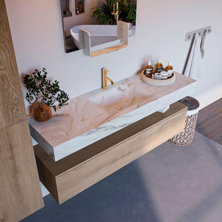 Mondiaz ALAN-DLUX Ensemble de meuble - 150cm - meuble Washed Oak mat - 1 tiroir - Lavabo Cloud Frappe suspendu - vasque Centre - 1 trou de robinet