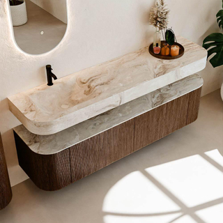 MONDIAZ THOR-DLUX 180cm meuble de salle de bains arrondi gauche + droite couleur Walnut avec 2 tiroirs et 2 portes. Vasque suspendue CLOUD Gauche 1 trou de robinet couleur Frappe.