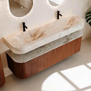 MONDIAZ THOR-DLUX 160cm meuble de salle de bains arrondi gauche + droite couleur Ruby avec 1 tiroir et 2 portes. Vasque suspendue CLOUD Double 2 trous de robinet couleur Frappe.