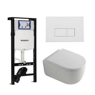 QeramiQ Dely Swirl Toiletset - 36.3x51.7cm - Inbouwreservoir met Geberit UP320 spoelmechanisme - 35mm zitting - mat witte metalen bedieningsplaat - rechthoekige knoppen - wit glans