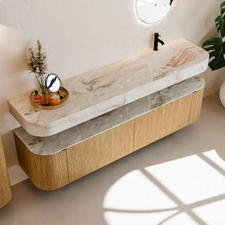 MONDIAZ THOR-DLUX Meuble de salle de bains 190cm arrondi gauche + droite couleur Oak avec 2 tiroirs et 2 portes. Vasque suspendue CLOUD Droite 1 trou de robinet couleur Frappe.