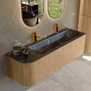 MONDIAZ KURVE-DLUX 145cm Meuble salle de bain avec module 25 G - couleur Oak - 1 tiroir - 1 porte - vasque BIG LARGE droite - 2 trous de robinet - couleur Lava