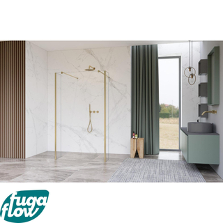 FugaFlow Eccelente Vetro Vrijstaande inloopdouche badkamer - 110x200cm - Helder - antikalk - 8mm veiligheidsglas - 2 zijwanden 40cm - met wandarmen en hoekprofielen - Messing geborsteld (goud) -