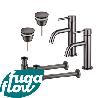 FugaFlow Eccelente Sobrado Badkamer Slim Wastafelkraanset - voor dubbele wastafel - lage wastafelkraan - klikwaste plug - verlaagde design sifon - PVD Gepolijst Gunmetal