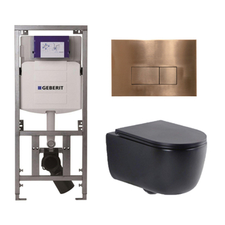 QeramiQ Dely Swirl Toiletset - 36.3x51.7cm - Geberit UP320 inbouwreservoir - met Burda frame - slim zitting - koperen bedieningsplaat - rechthoekige knoppen - mat zwart