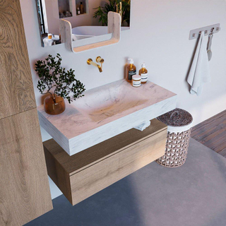Mondiaz ALAN-DLUX Ensemble de meuble - 90cm - meuble Washed Oak mat - 1 tiroir - Lavabo Cloud Opalo suspendu - vasque Centre - 0 trous de robinet
