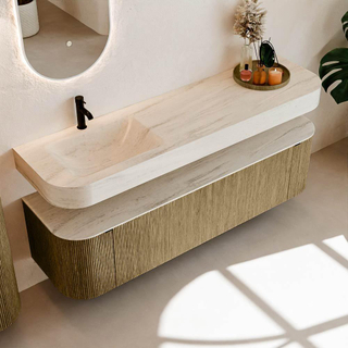 MONDIAZ THOR-DLUX 170cm meuble de salle de bains arrondi gauche + droite couleur Dusk avec 1 tiroir et 2 portes. Vasque suspendue CLOUD Gauche 1 trou de robinet couleur Meli.