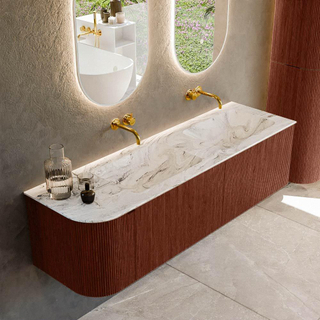 Ensemble de meuble de salle de bain Mondiaz KURVE-DLUX - 155x46x40cm - 2 tiroirs - 1 porte - lavabo en solid surface - double / droite - sans trou de robinet - Ruby