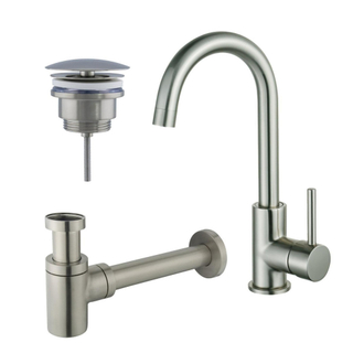 FugaFlow Eccelente Sobrado Kit robinet lavabo - robinet haut - bec rotatif - bonde non-obturable - siphon design bas - Inox brossé PVD